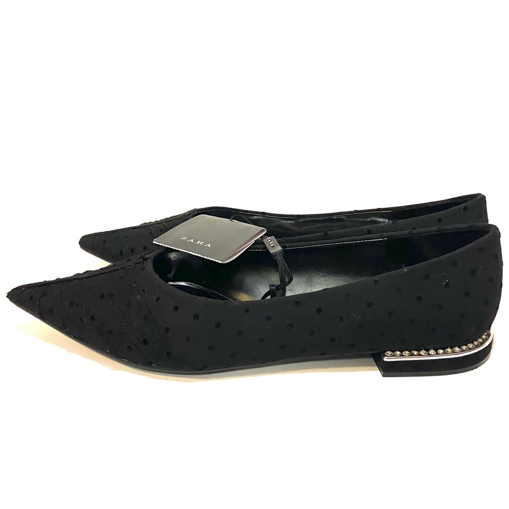 6 ZARA Pointed Shoe Diamond Stud Chrome Heel Polka Dot Lace Flats Black